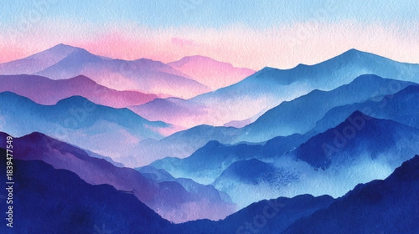 Fototapeta watercolor wash of layered mountains in gradient blues and purples, misty peaks fading into sky, peaceful and meditative