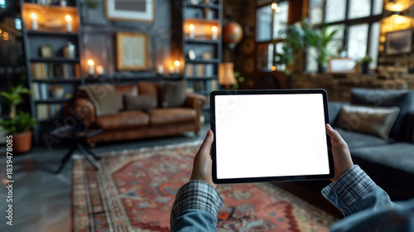 Obraz man holding tablet computer with isolated screen in his hands