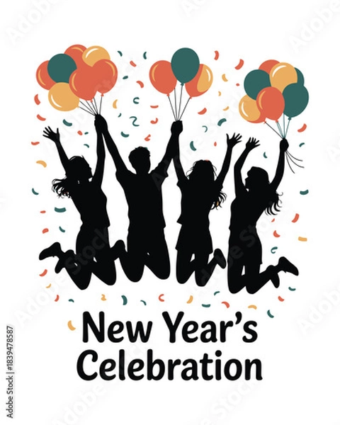 Obraz New Year Festive People Silhouette with Balloons Art