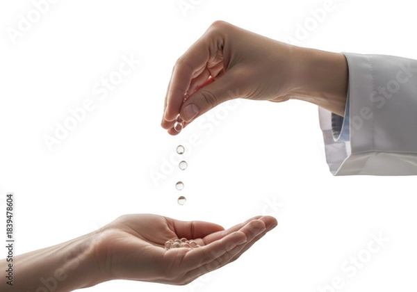 Fototapeta Hand pouring small white pills into another open hand isolated on transparent background