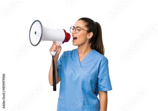 Fototapeta Nurse in blue scrubs shouting into a megaphone isolated on transparent background