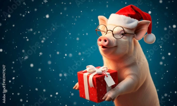 Obraz A funny piglet with glasses and a Santa Claus hat holds a Christmas present on a blue background with snowflakes