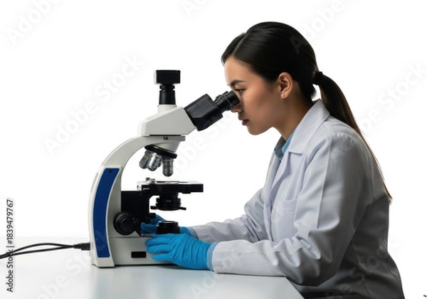 Fototapeta Scientist examining sample with microscope isolated on transparent background