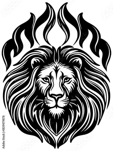 Fototapeta Powerful black and white stylized lion head with tribal flame mane illustration