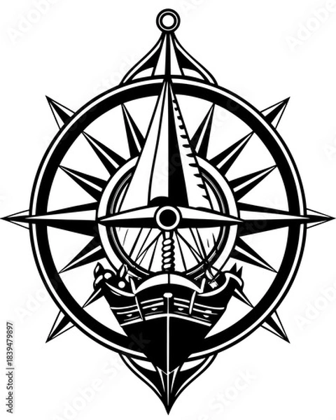 Fototapeta Stylized Black and White Compass Rose with Ship and Dagger Symbol