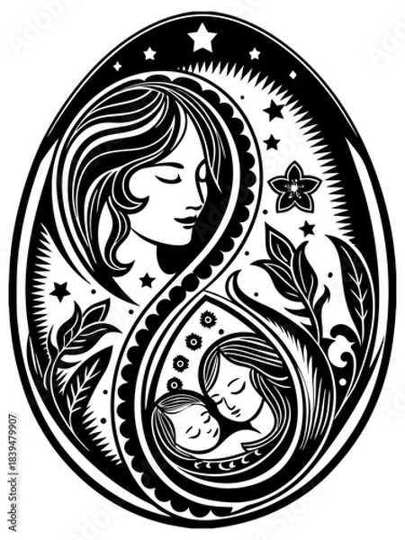 Fototapeta Stylized Mother and Child Bonding in Black and White Oval Frame