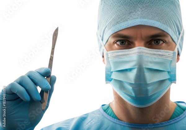 Fototapeta Surgeon wearing mask and gloves holding scalpel isolated on transparent background
