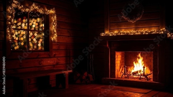 Fototapeta Dark Rustic Cabin Christmas Interior Background