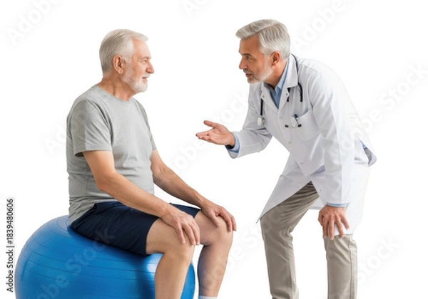Fototapeta Doctor consulting with senior patient on exercise ball isolated on transparent background