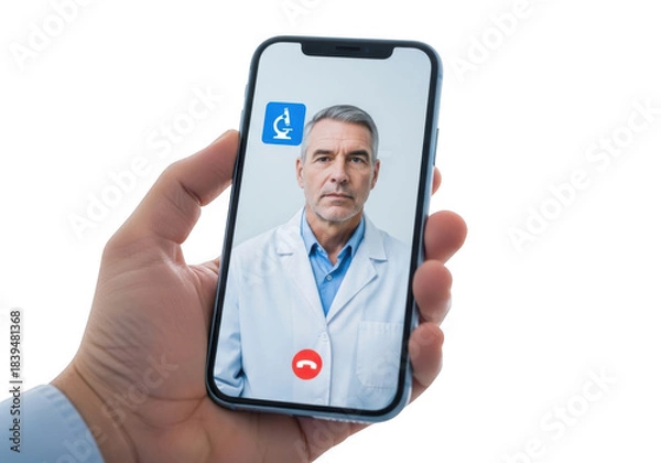 Fototapeta Hand holding smartphone with doctor on video call isolated on transparent background