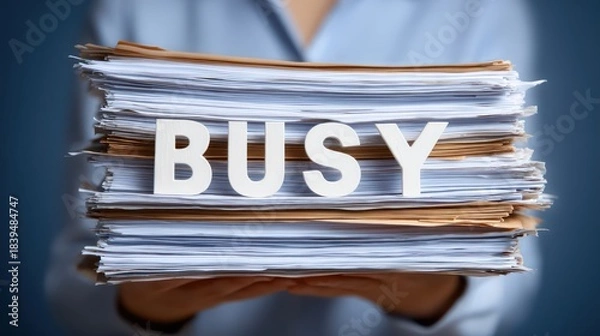 Obraz Overwhelmed Worker with 'Busy' Paperwork Stack