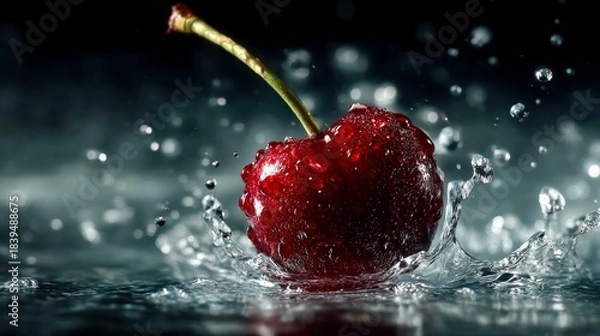 Fototapeta Cherry splashing in water with droplets creating ripples and a dynamic scene of freshness and vitality captured in detail