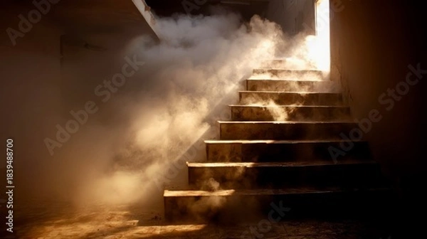 Fototapeta Light streams through a doorway illuminating the foggy staircase in an abandoned building creating a dramatic atmosphere