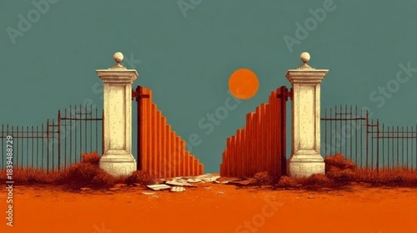 Fototapeta Art illustration of gates leading to an orange landscape with a setting sun and a blue sky in the background showcasing a surreal scenery
