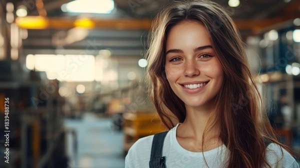 Fototapeta Young woman smiling in an industrial setting with machinery and shelves in the background demonstrating confidence and happiness at work