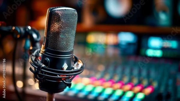 Fototapeta Studio microphone captures sound in a recording booth with colorful soundboard and equipment in background showing production setup