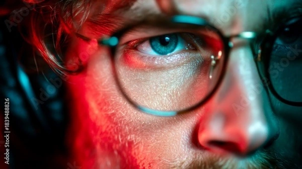 Fototapeta Close-up of a person's eye showcasing focus and intensity, featuring a stylish look with glasses and colorful lighting in the background