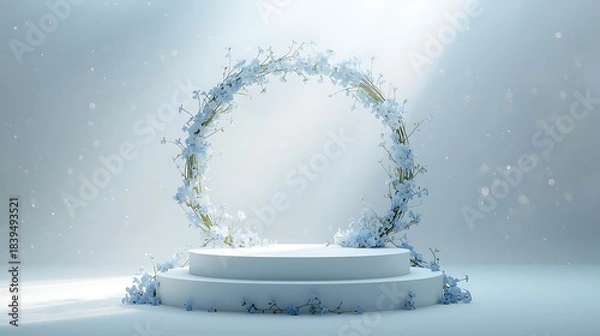 Obraz Elegant white wedding arch and pedestal display with soft lighting