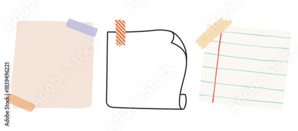 Fototapeta Collection of three diverse blank paper notes with decorative tape, ideal for various reminders and messages isolated on transparent background, Vector