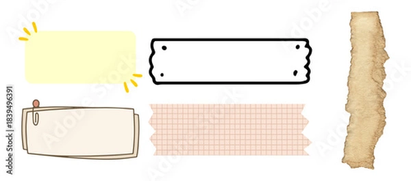 Fototapeta Versatile set of paper notes, labels, sticky memo, grid washi tape, and torn paper design elements. isolated on transparent background, Vector