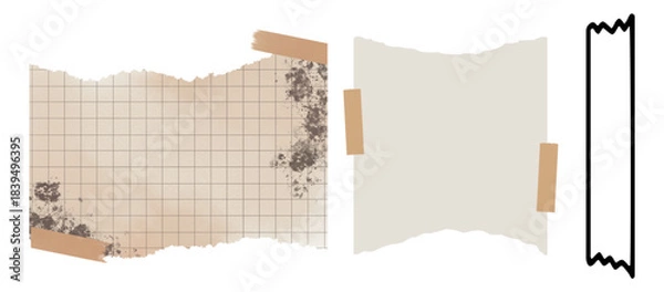 Fototapeta Torn beige grid paper, plain off-white paper, tape, distressed texture, scrapbook elements, decorative border isolated on transparent background, Vector
