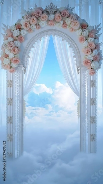 Obraz Elegant floral archway with sky and clouds backdrop