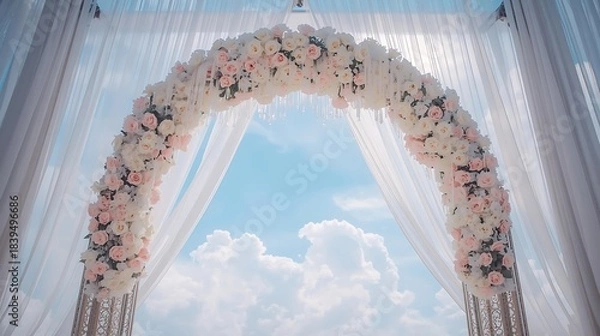 Obraz Elegant floral wedding arch with soft white drapes against a sky backdrop