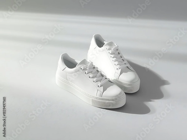 Obraz Clean white canvas sneakers on a bright white surface with shadow play
