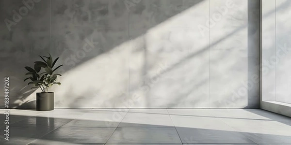 Obraz Minimalist interior with a single potted plant bathed in sunlight and shadows on a textured wall.