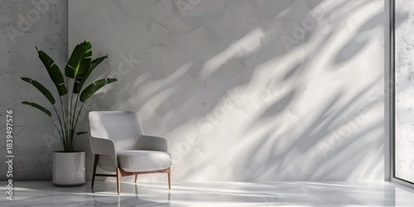 Obraz Serene modern interior with a comfortable armchair and lush green plant bathed in dappled sunlight.