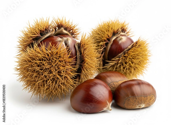 Fototapeta Châtaignes fraîches avec bogues épineuses isolées sur fond blanc en photographie culinaire et botanique