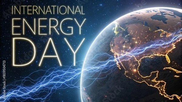 Obraz Energy day, Glowing planet encircled by electric energy waves symbolizing global clean energy.