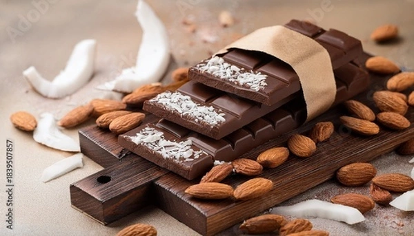 Obraz Vegan Chocolate Bar With Almonds And Coconut Vertical Poster