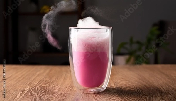 Obraz Cloudy Pink Matcha In A Glass With Airy Foam On The Table