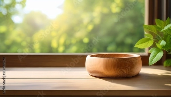 Obraz A Light Brown Cylindrical Wooden Cup Rests On A Smaller Circular Wooden Stand Atop A Light Wood Surface Before A Bright Window And Greenery