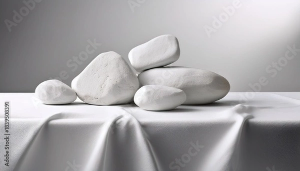 Obraz White Ceramic Rocks Are Placed On A Table Covered With A White Tablecloth Against A White Background