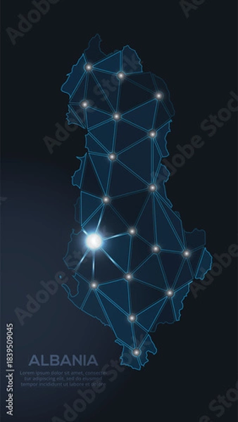 Fototapeta Geometric low-poly vector depiction of Albania, showing illuminated cities and population clusters as sparkling dots and space-inspired stars. digital communication network