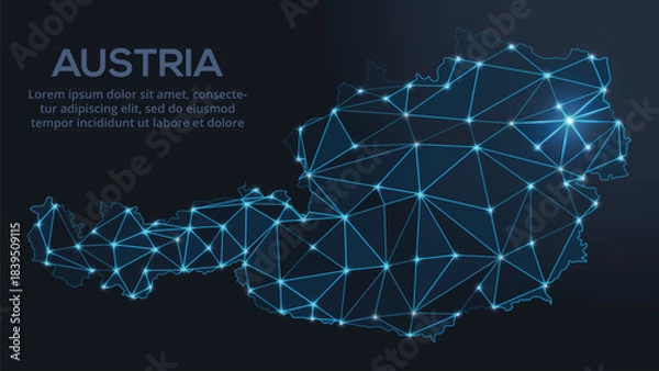 Fototapeta Geometric low-poly vector depiction of Austria, showing illuminated cities and population clusters as sparkling dots and space-inspired stars. digital communication network