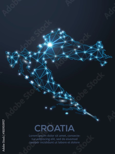 Fototapeta Geometric low-poly vector depiction of Croatia, showing illuminated cities and population clusters as sparkling dots and space-inspired stars. digital communication network