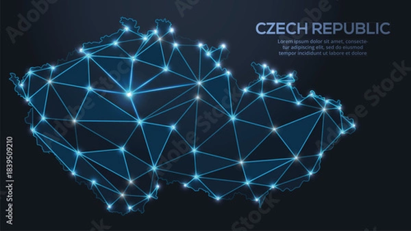 Fototapeta Geometric low-poly vector depiction of Czech, showing illuminated cities and population clusters as sparkling dots and space-inspired stars. digital communication network