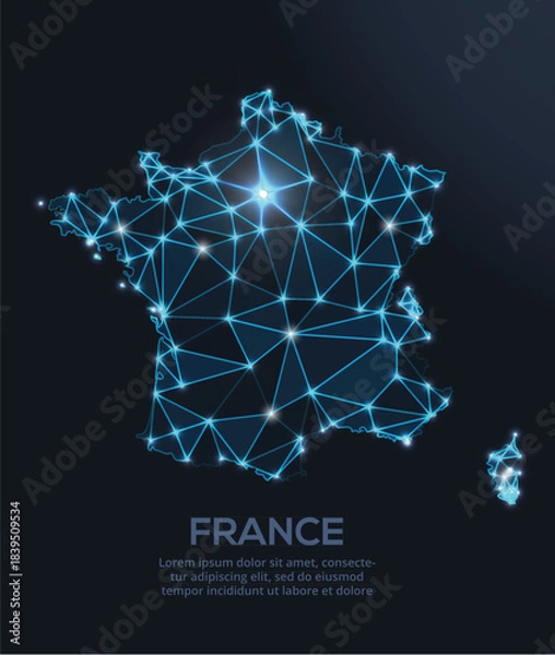 Fototapeta Geometric low-poly vector depiction of France, showing illuminated cities and population clusters as sparkling dots and space-inspired stars. digital communication network