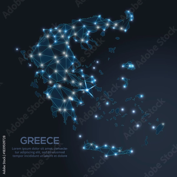 Fototapeta Geometric low-poly vector depiction of Greece, showing illuminated cities and population clusters as sparkling dots and space-inspired stars. digital communication network