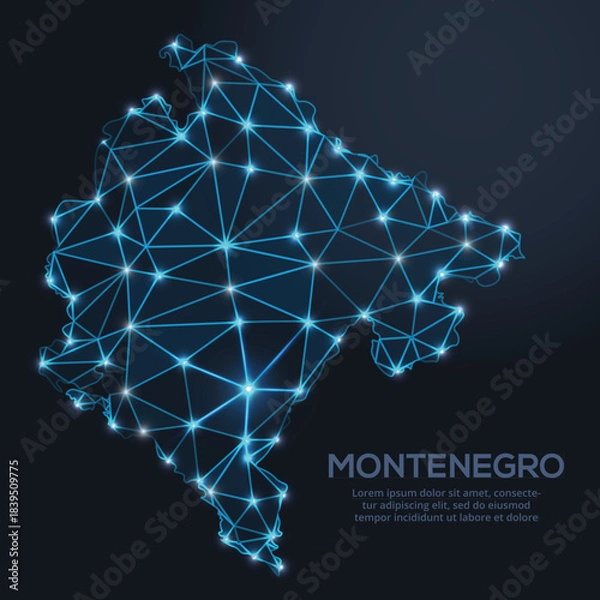 Fototapeta Low-poly vector map of Montenegro featuring glowing city lights and population density illustrated through star-like dots and cosmic shapes.