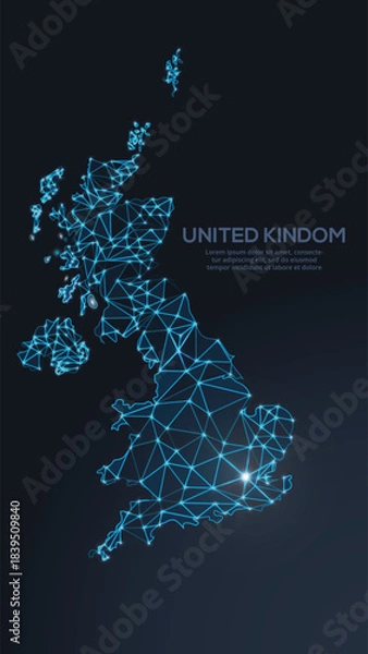Fototapeta Geometric low-poly vector depiction of Great-Britain, showing illuminated cities and population clusters as sparkling dots and space-inspired stars. digital communication network