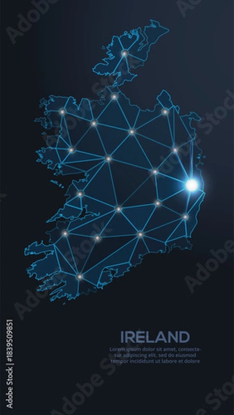 Fototapeta Low-poly vector map of Ireland featuring glowing city lights and population density illustrated through star-like dots and cosmic shapes.