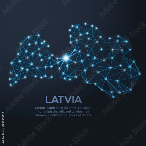 Fototapeta Low-poly vector map of Latvia featuring glowing city lights and population density illustrated through star-like dots and cosmic shapes.