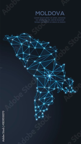 Fototapeta Low-poly vector map of Moldova featuring glowing city lights and population density illustrated through star-like dots and cosmic shapes.