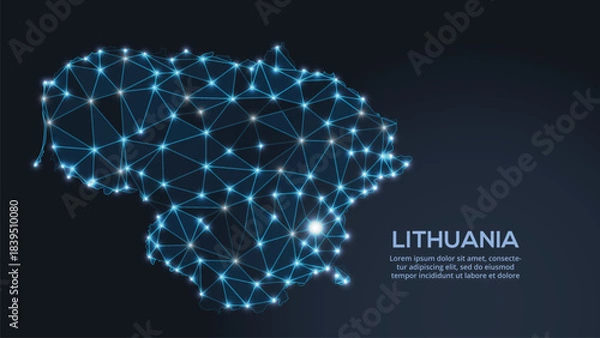 Fototapeta Low-poly vector map of Lithuania featuring glowing city lights and population density illustrated through star-like dots and cosmic shapes.