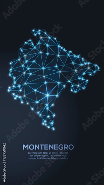 Fototapeta Low-poly vector map of Montenegro featuring glowing city lights and population density illustrated through star-like dots and cosmic shapes.