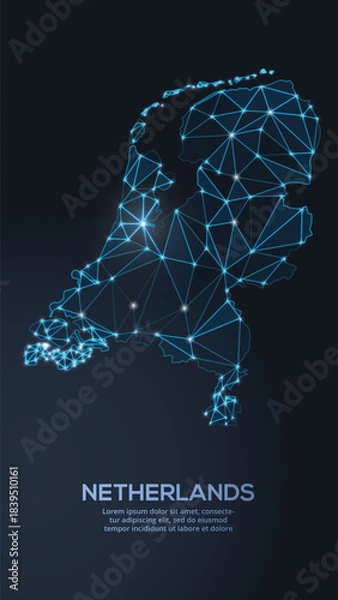 Fototapeta Low-poly vector map of Netherlands featuring glowing city lights and population density illustrated through star-like dots and cosmic shapes.